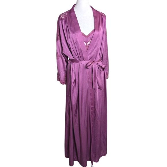 Vintage 80s Miss Elaine Purple Lace Nightgown Chemise & Robe Lingerie Set M - Picture 1 of 9